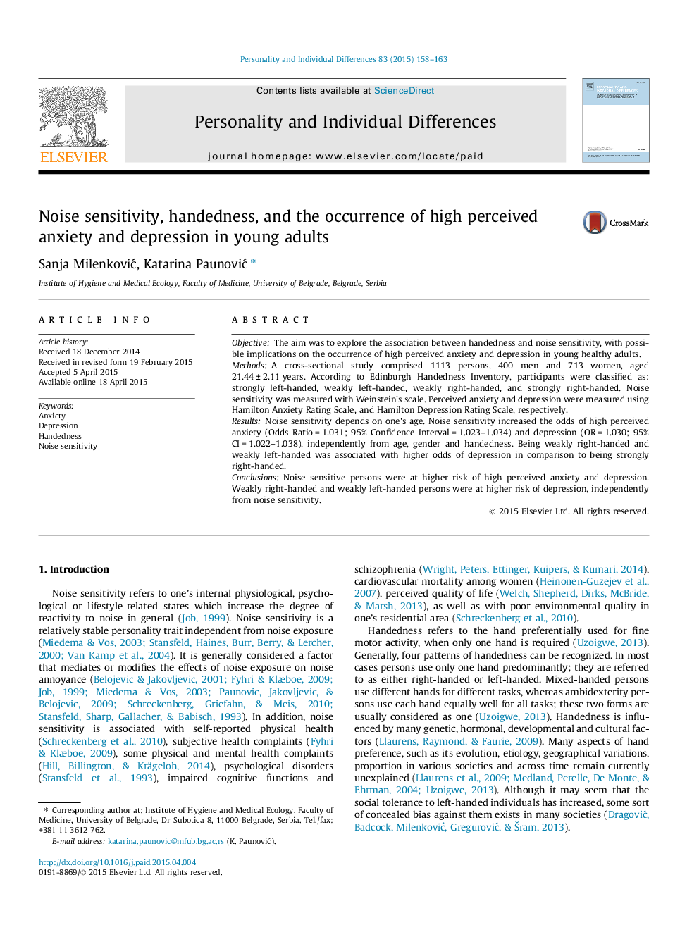 Noise sensitivity, handedness, and the occurrence of high perceived anxiety and depression in young adults