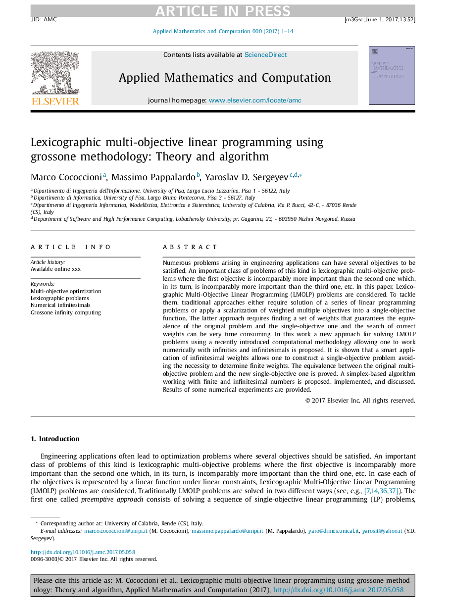 Lexicographic multi-objective linear programming using grossone methodology: Theory and algorithm