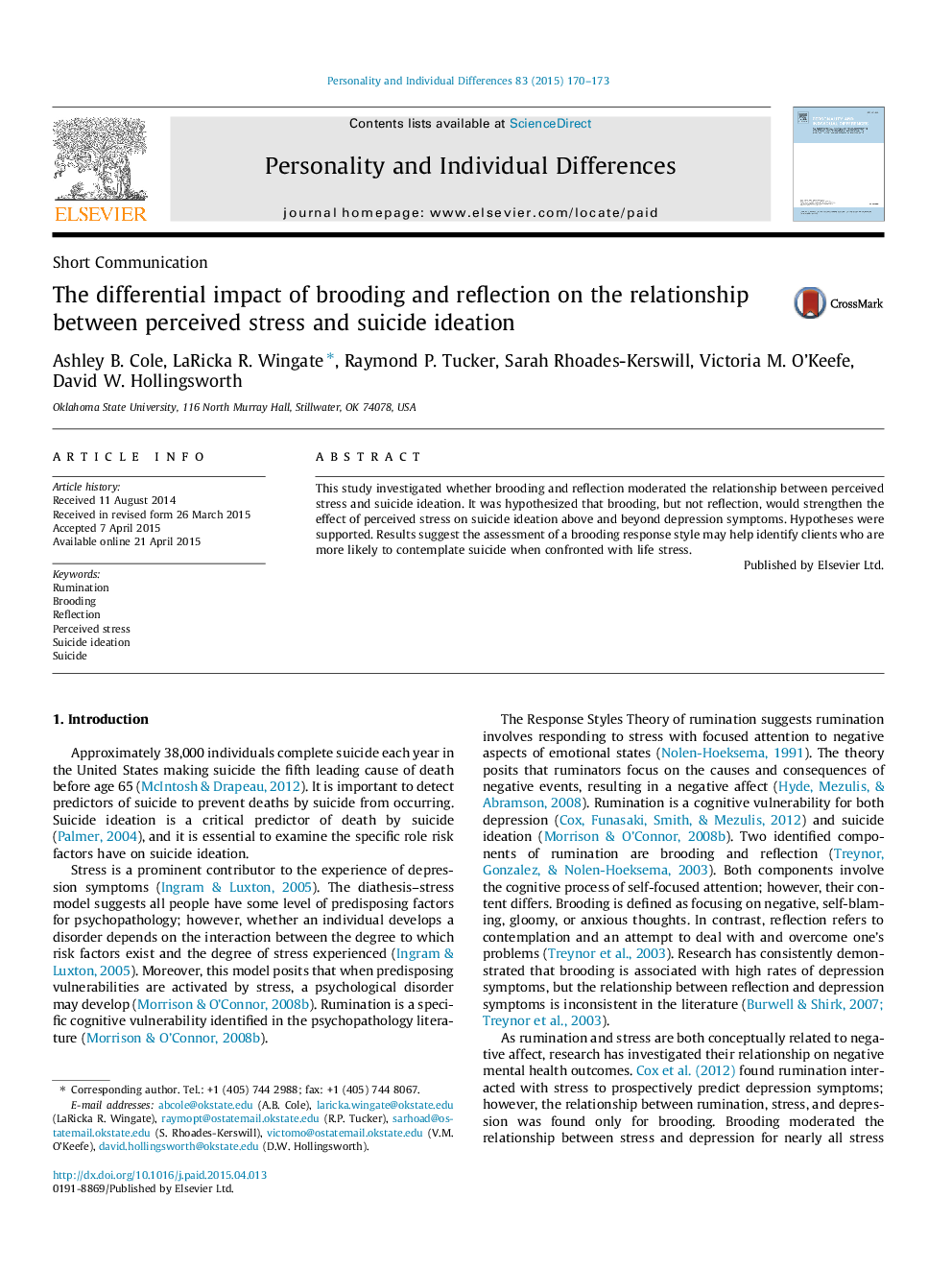 The differential impact of brooding and reflection on the relationship between perceived stress and suicide ideation