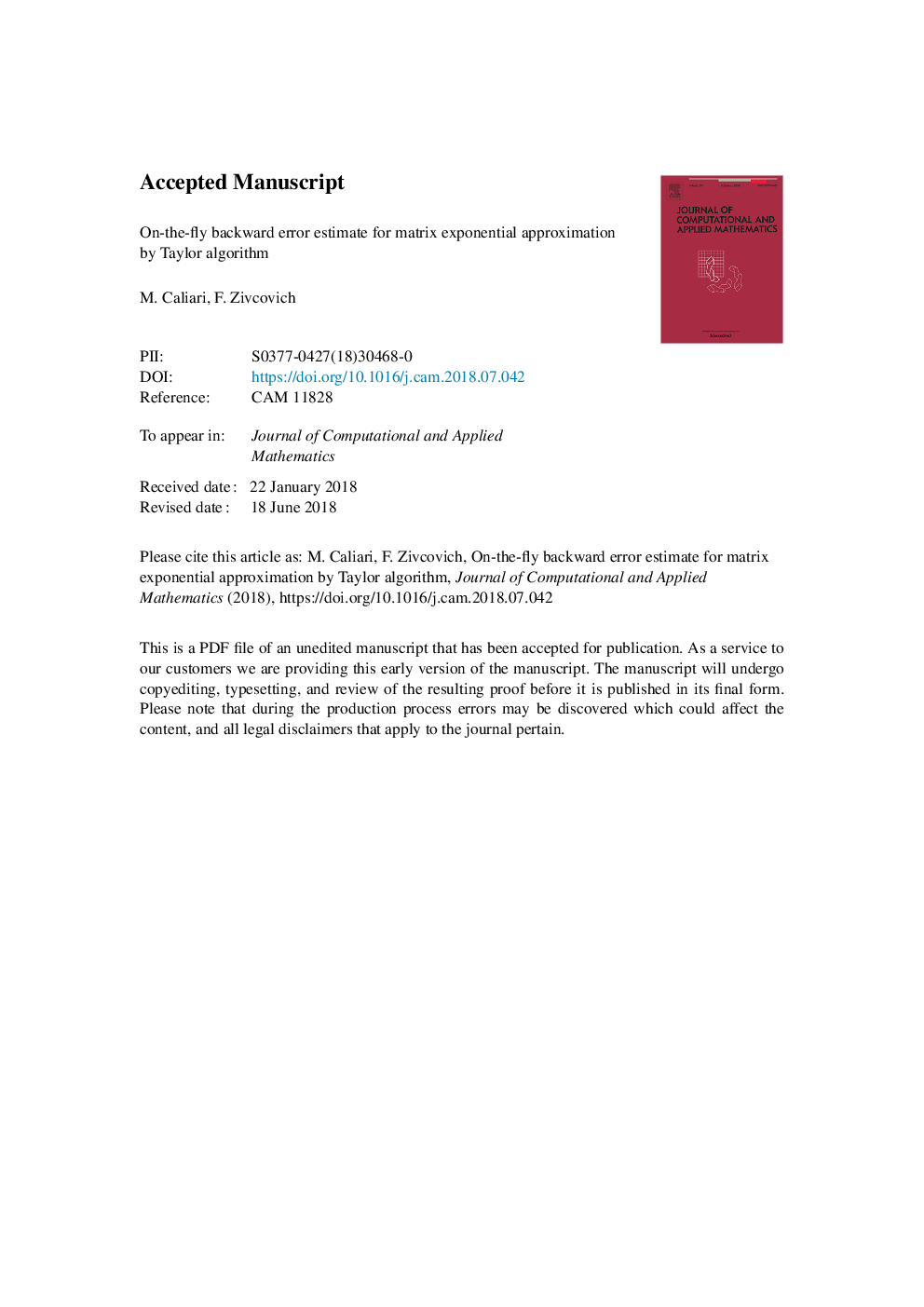 On-the-fly backward error estimate for matrix exponential approximation by Taylor algorithm