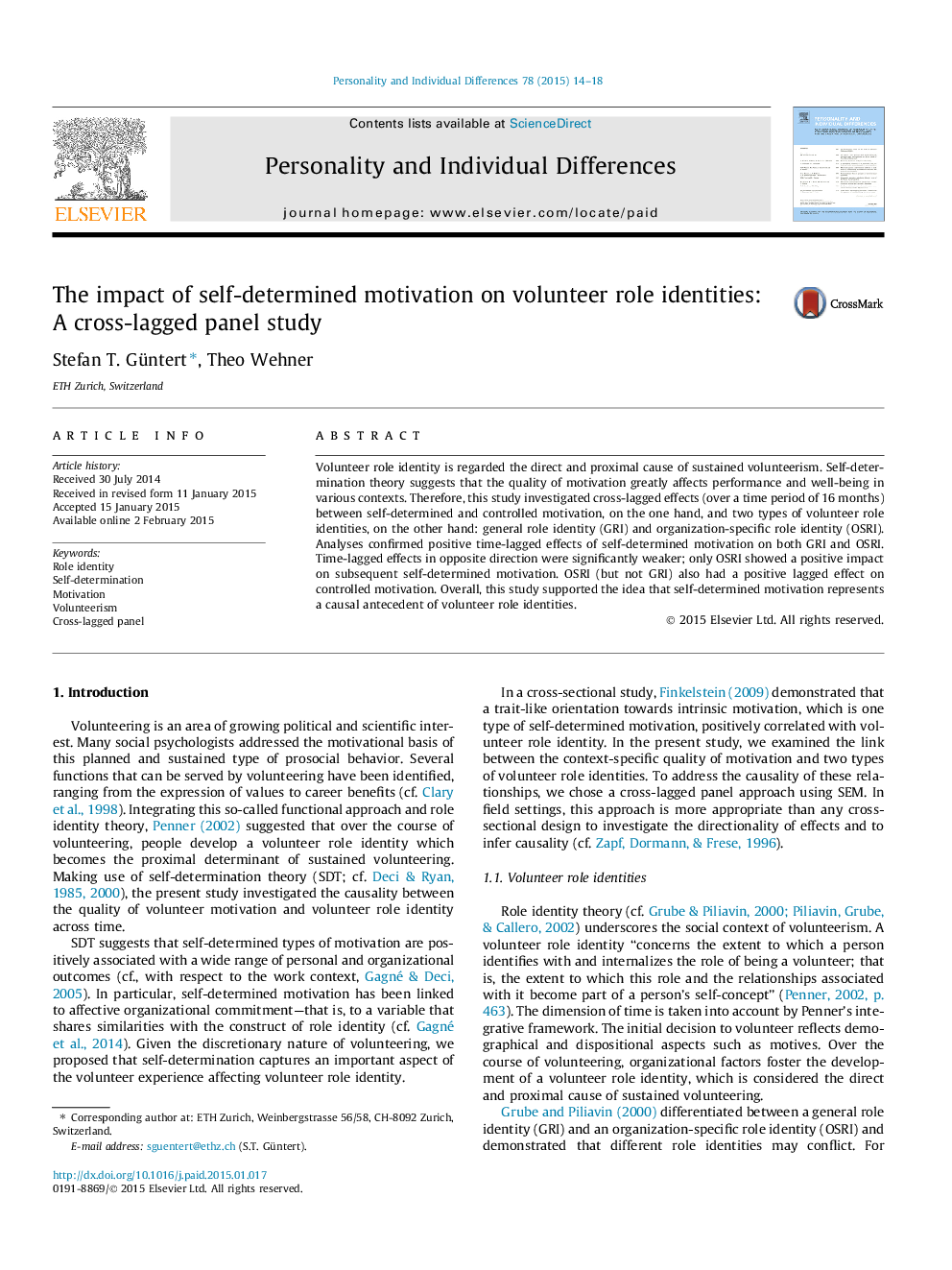 The impact of self-determined motivation on volunteer role identities: A cross-lagged panel study