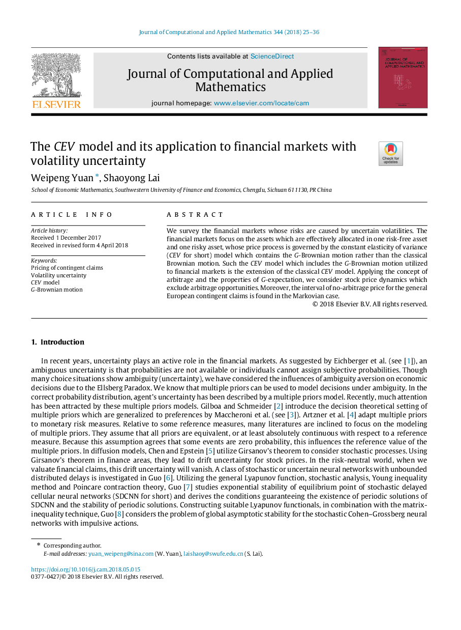 The CEV model and its application to financial markets with volatility uncertainty