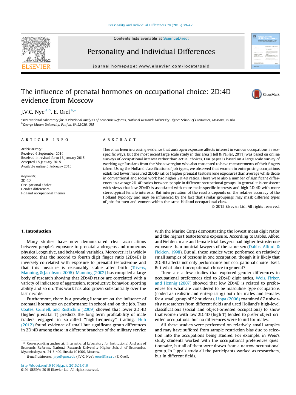 The influence of prenatal hormones on occupational choice: 2D:4D evidence from Moscow