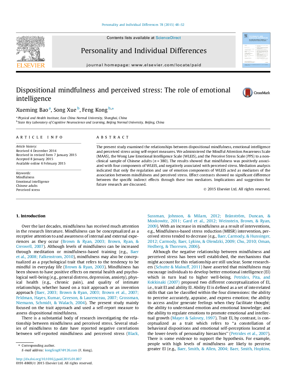 Dispositional mindfulness and perceived stress: The role of emotional intelligence