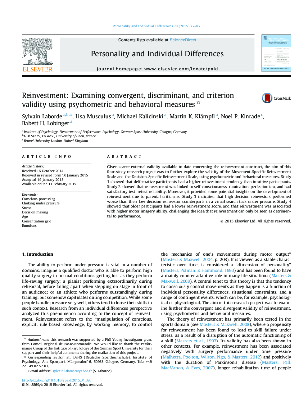 Reinvestment: Examining convergent, discriminant, and criterion validity using psychometric and behavioral measures 