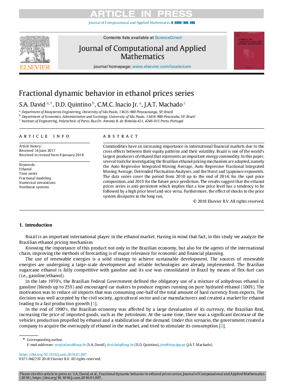 Fractional dynamic behavior in ethanol prices series