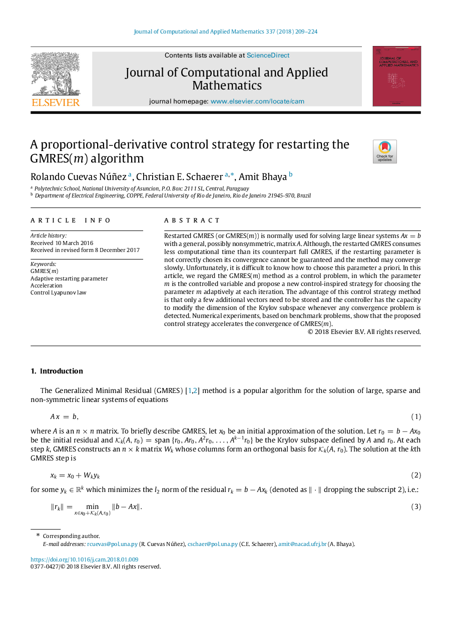 A proportional-derivative control strategy for restarting the GMRES(m) algorithm