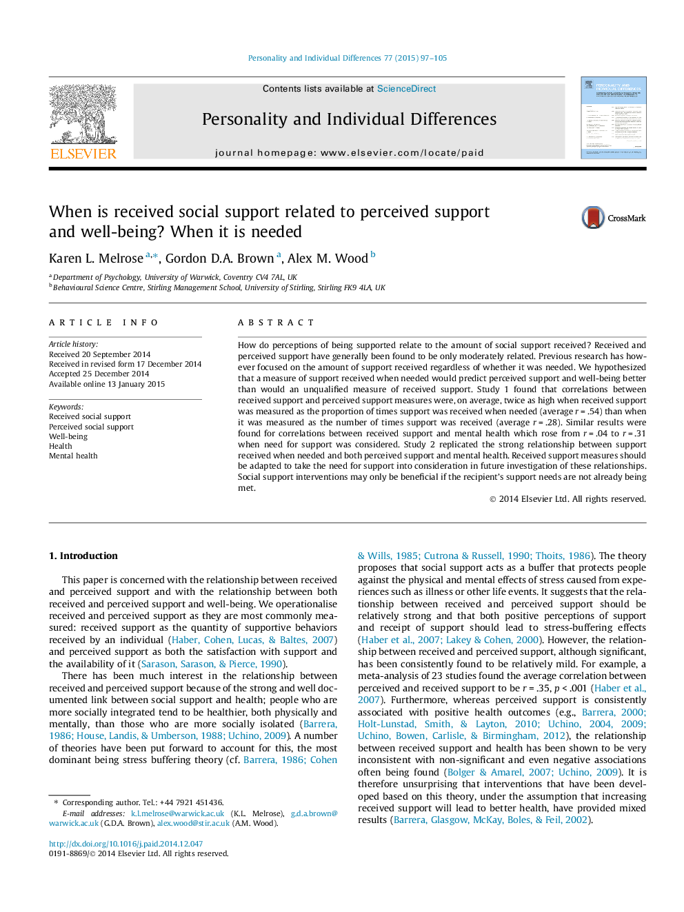 When is received social support related to perceived support and well-being? When it is needed