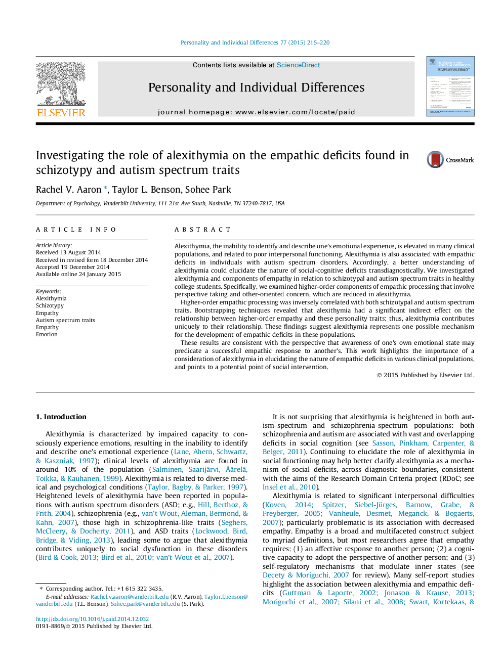 Investigating the role of alexithymia on the empathic deficits found in schizotypy and autism spectrum traits