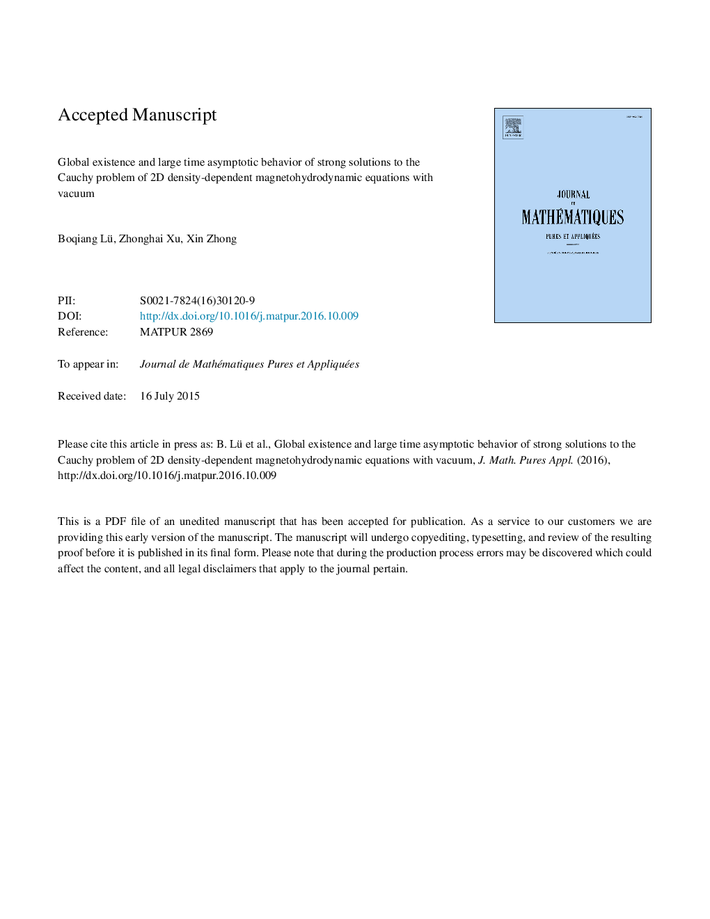 Global existence and large time asymptotic behavior of strong solutions to the Cauchy problem of 2D density-dependent magnetohydrodynamic equations with vacuum