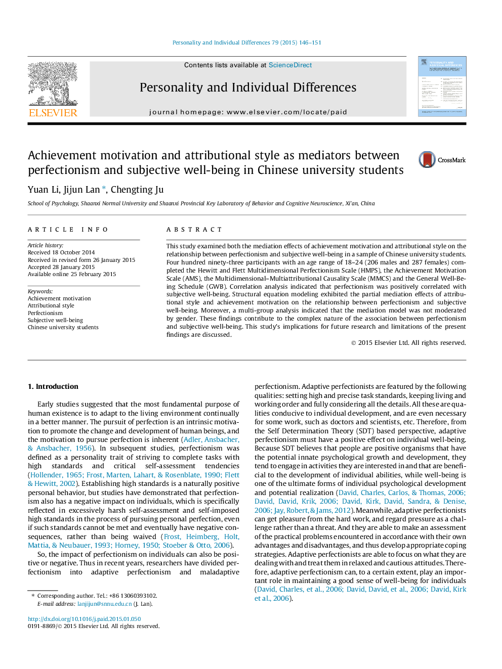 Achievement motivation and attributional style as mediators between perfectionism and subjective well-being in Chinese university students