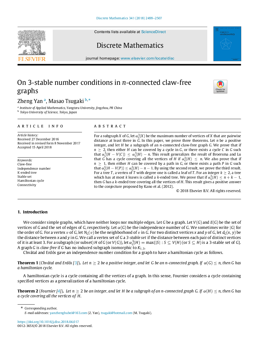 On 3-stable number conditions in n-connected claw-free graphs