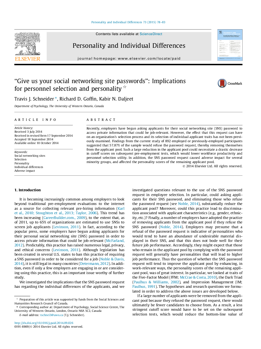 “Give us your social networking site passwords”: Implications for personnel selection and personality 