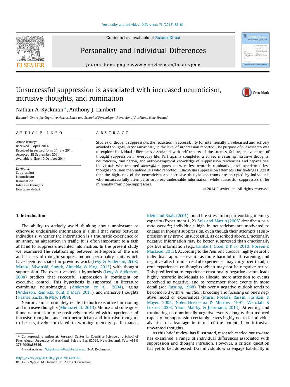 Unsuccessful suppression is associated with increased neuroticism, intrusive thoughts, and rumination