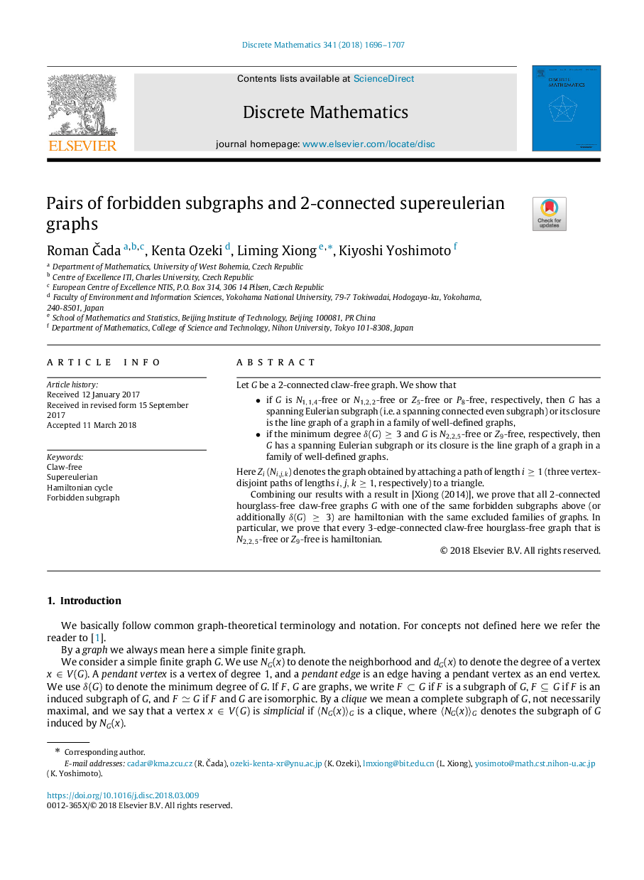 Pairs of forbidden subgraphs and 2-connected supereulerian graphs