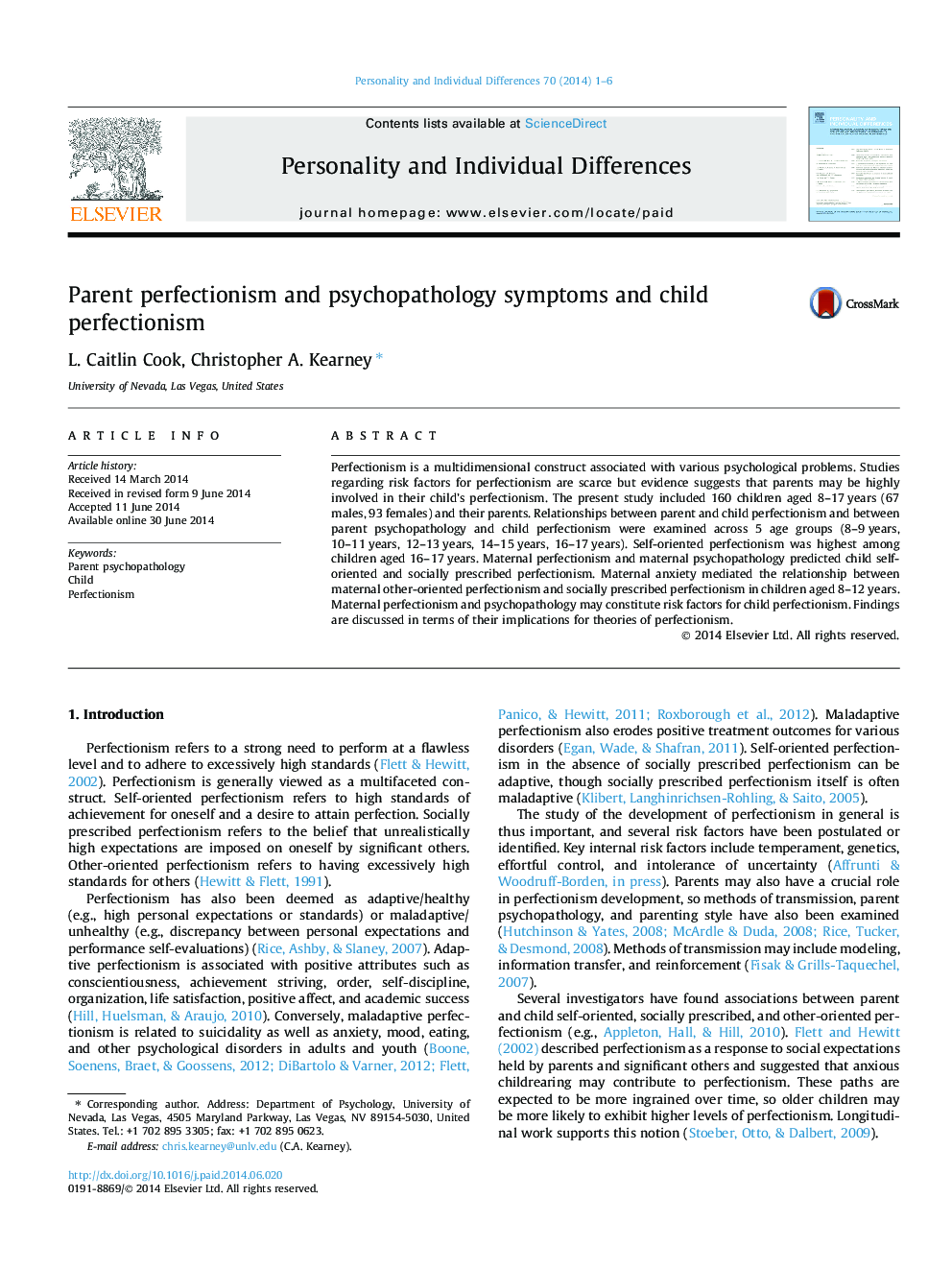 Parent perfectionism and psychopathology symptoms and child perfectionism