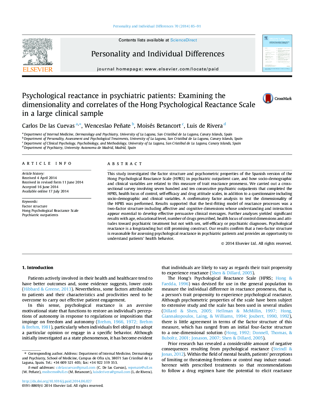 Psychological reactance in psychiatric patients: Examining the dimensionality and correlates of the Hong Psychological Reactance Scale in a large clinical sample