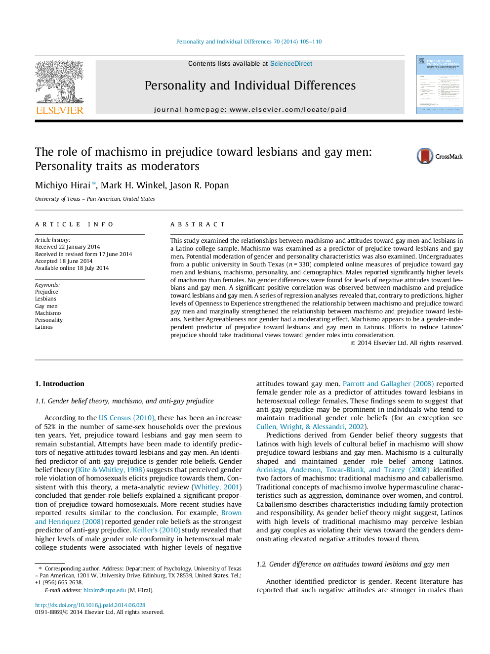 The role of machismo in prejudice toward lesbians and gay men: Personality traits as moderators