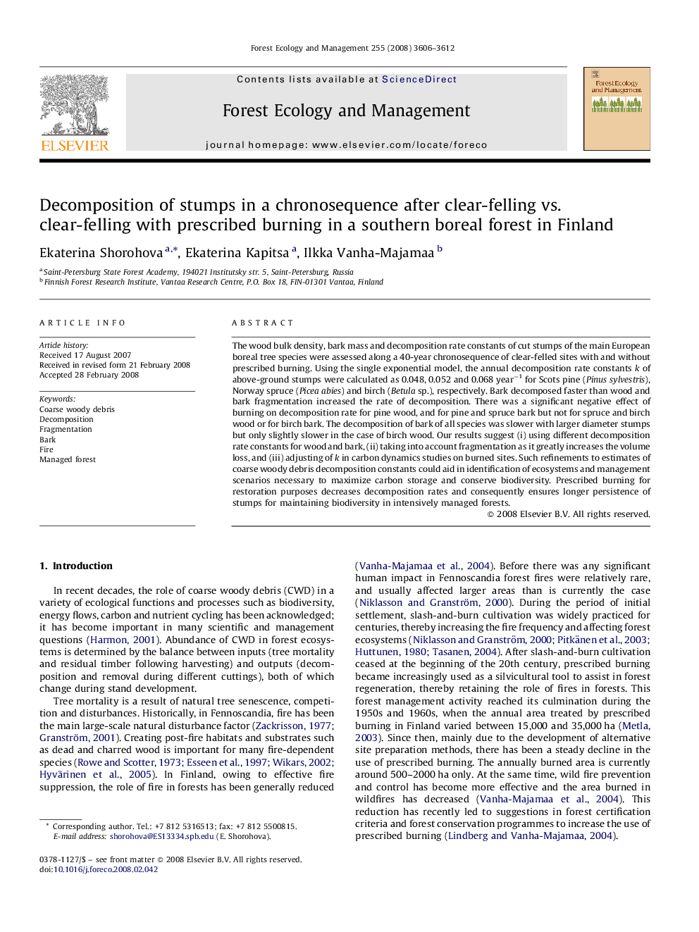 Decomposition of stumps in a chronosequence after clear-felling vs. clear-felling with prescribed burning in a southern boreal forest in Finland