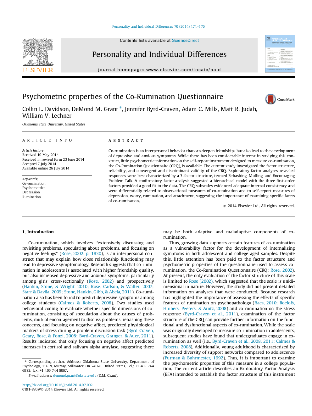 Psychometric properties of the Co-Rumination Questionnaire