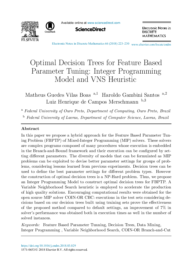 Optimal Decision Trees for Feature Based Parameter Tuning: Integer Programming Model and VNS Heuristic