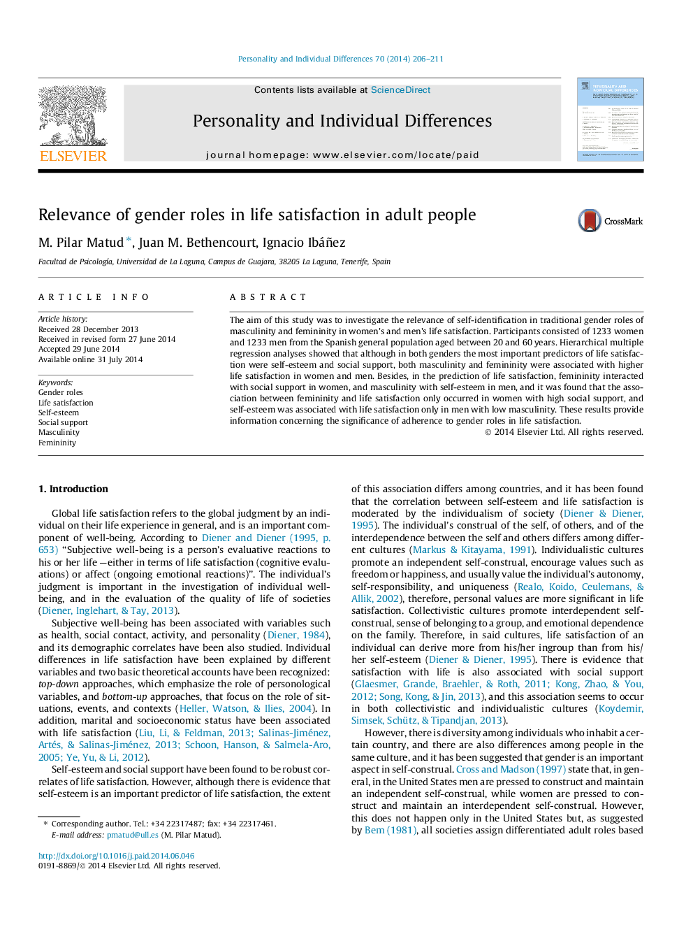 Relevance of gender roles in life satisfaction in adult people