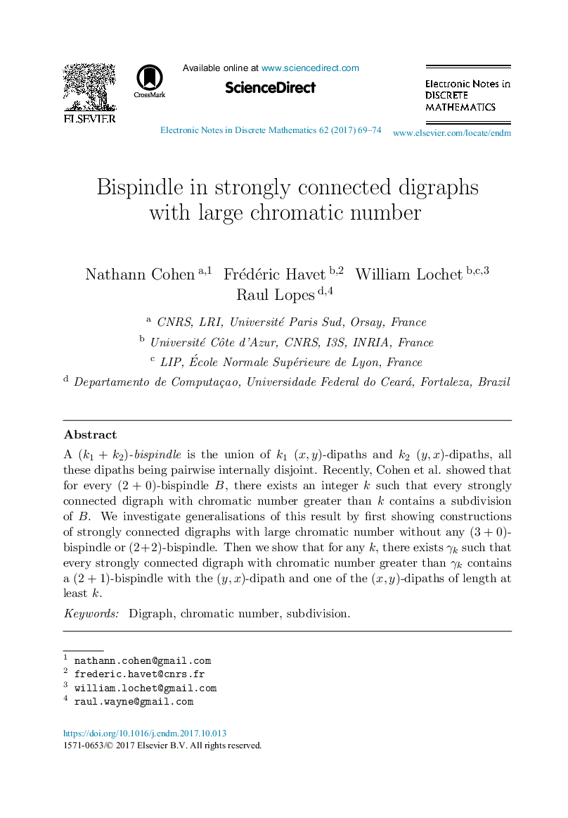 Bispindle in strongly connected digraphs with large chromatic number