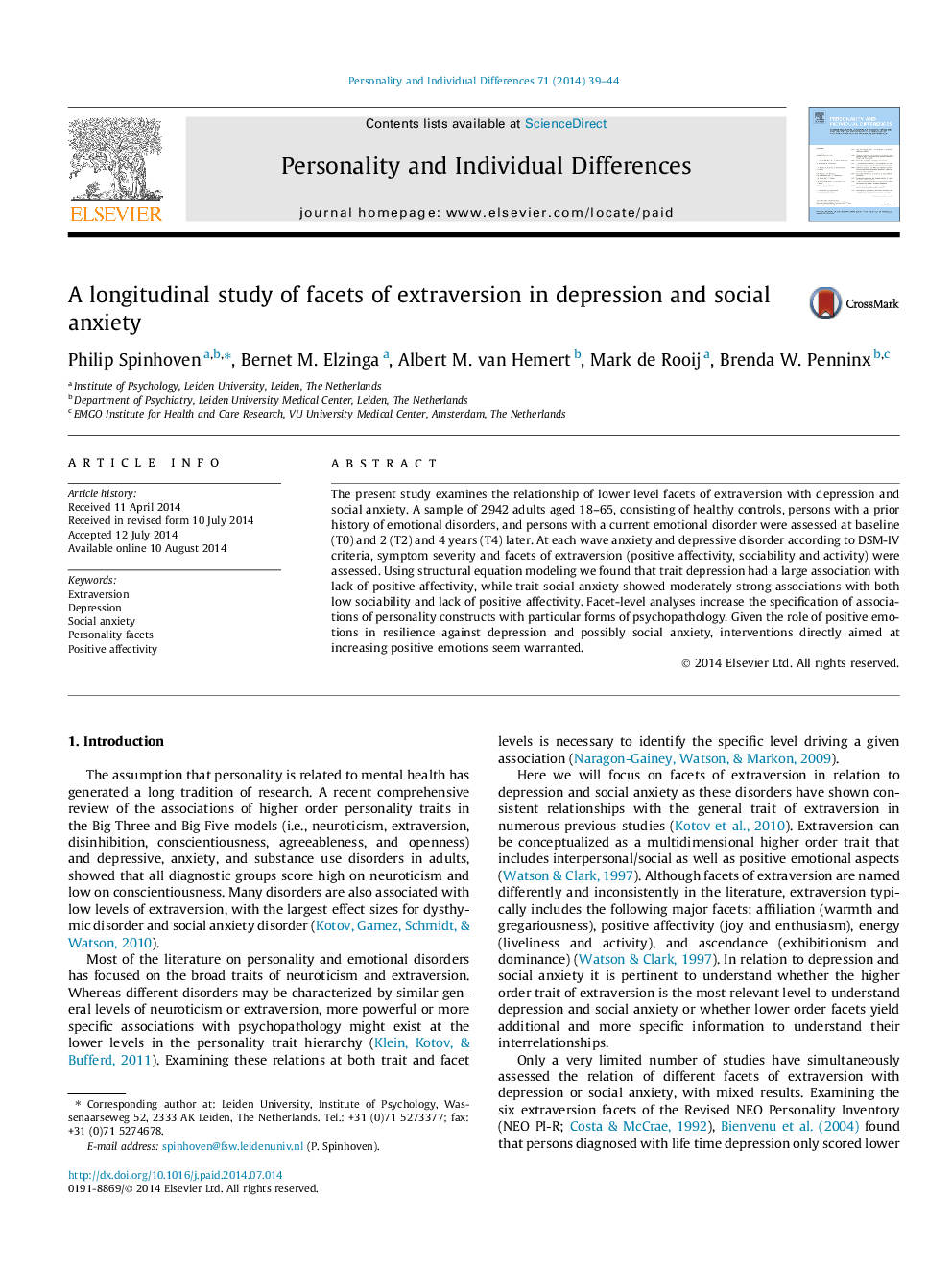 A longitudinal study of facets of extraversion in depression and social anxiety