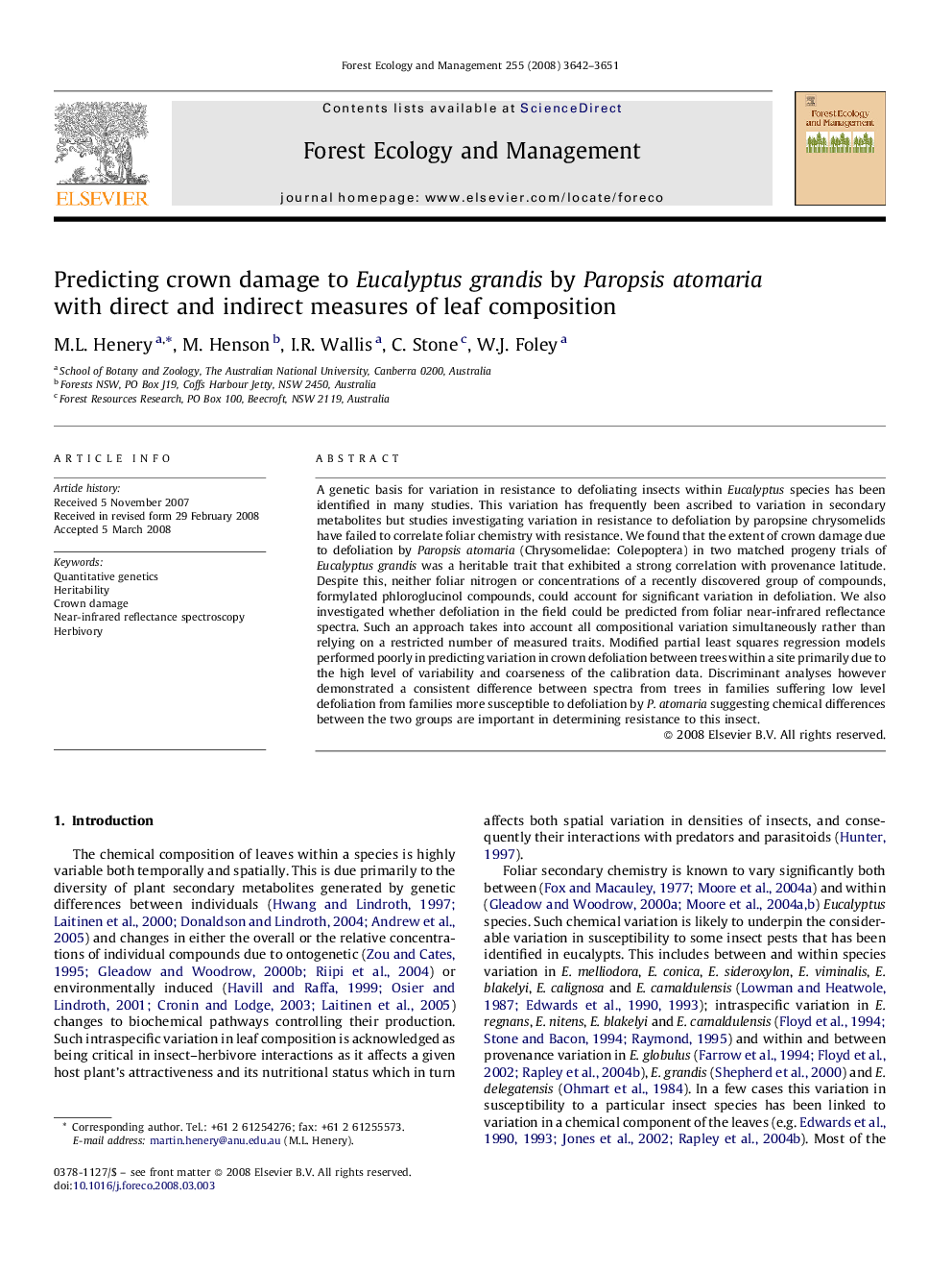 Predicting crown damage to Eucalyptus grandis by Paropsis atomaria with direct and indirect measures of leaf composition