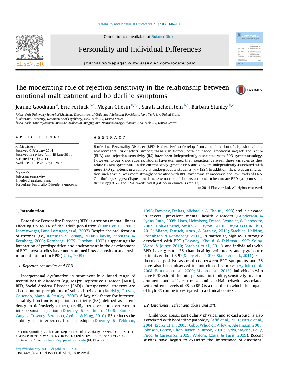 The moderating role of rejection sensitivity in the relationship between emotional maltreatment and borderline symptoms