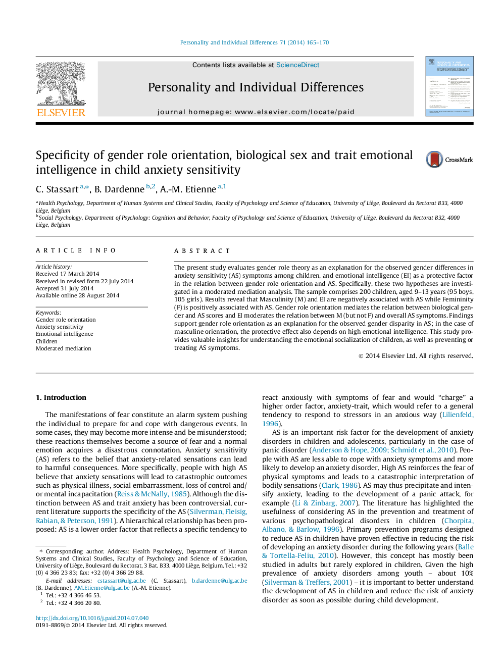 Specificity of gender role orientation, biological sex and trait emotional intelligence in child anxiety sensitivity