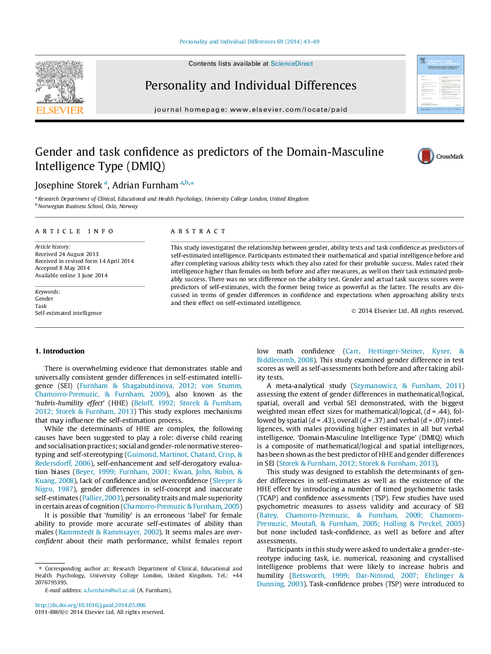 Gender and task confidence as predictors of the Domain-Masculine Intelligence Type (DMIQ)