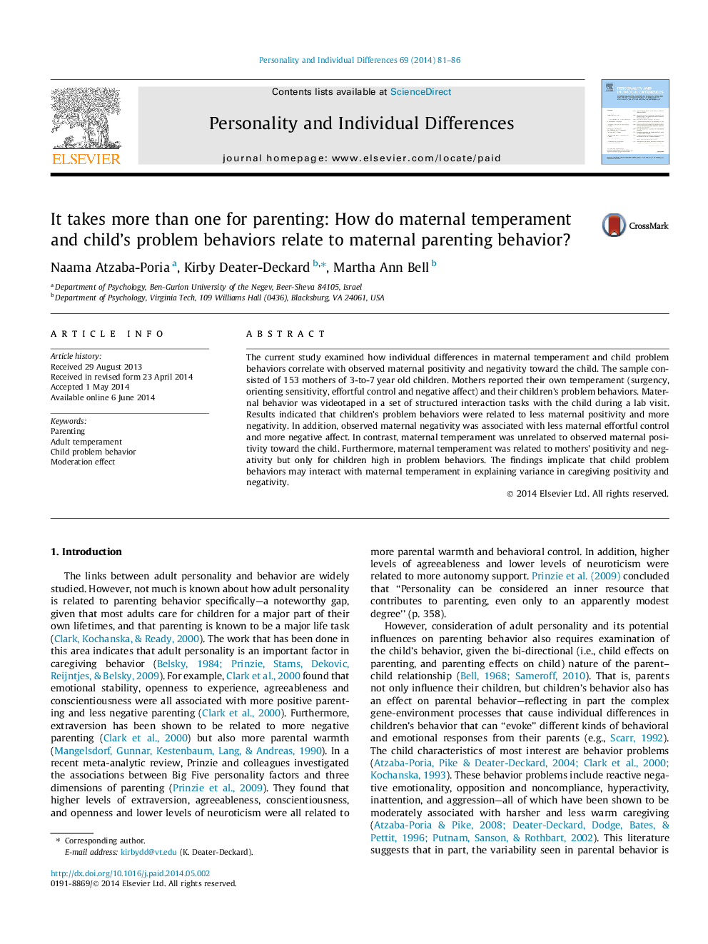 It takes more than one for parenting: How do maternal temperament and child’s problem behaviors relate to maternal parenting behavior?