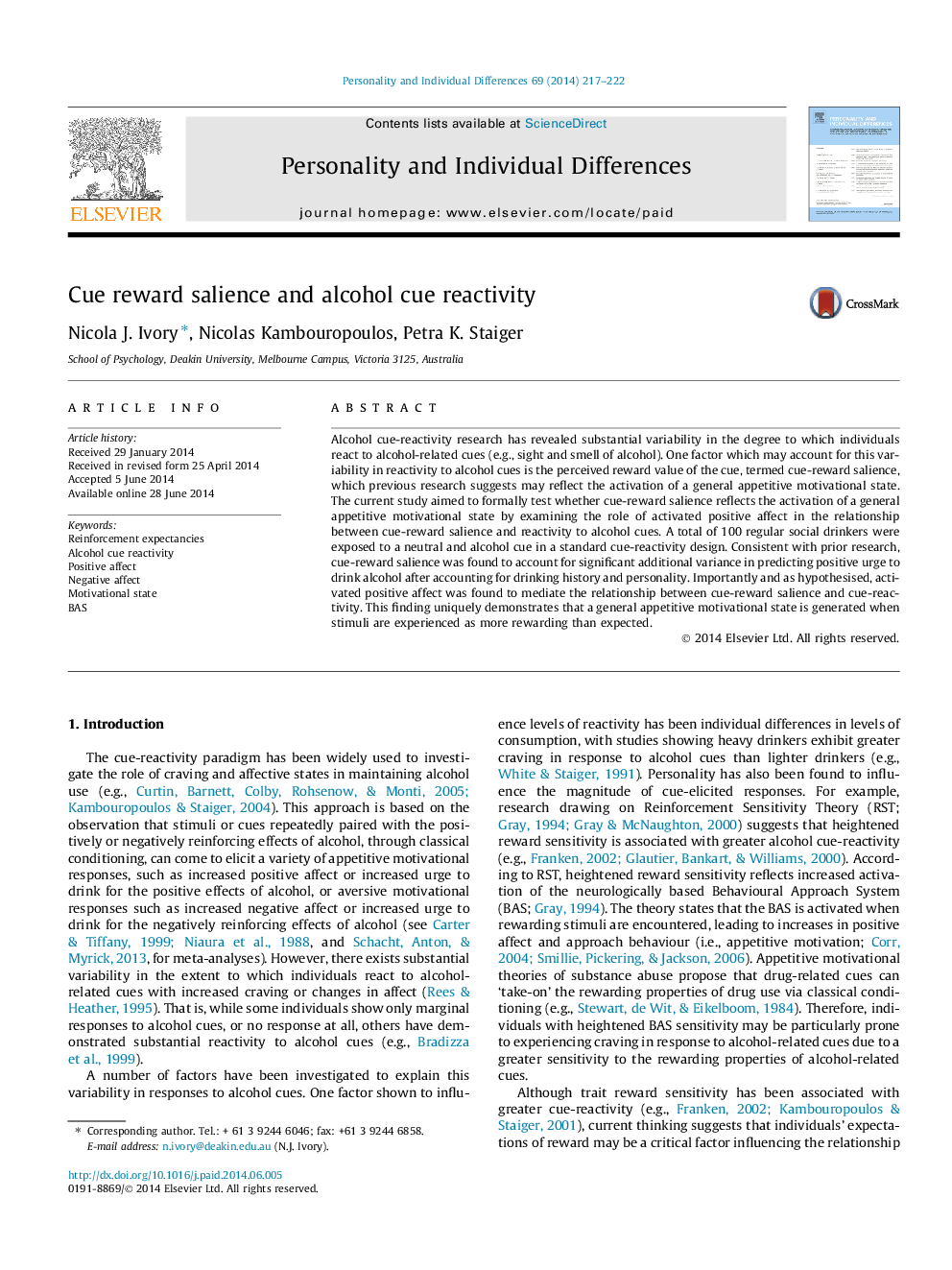 Cue reward salience and alcohol cue reactivity