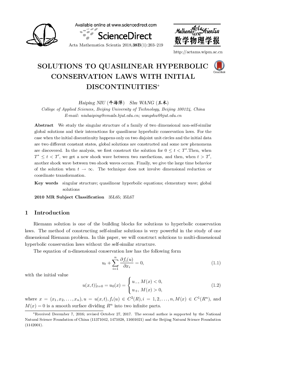 Solutions to quasilinear hyperbolic conservation laws with initial discontinuities