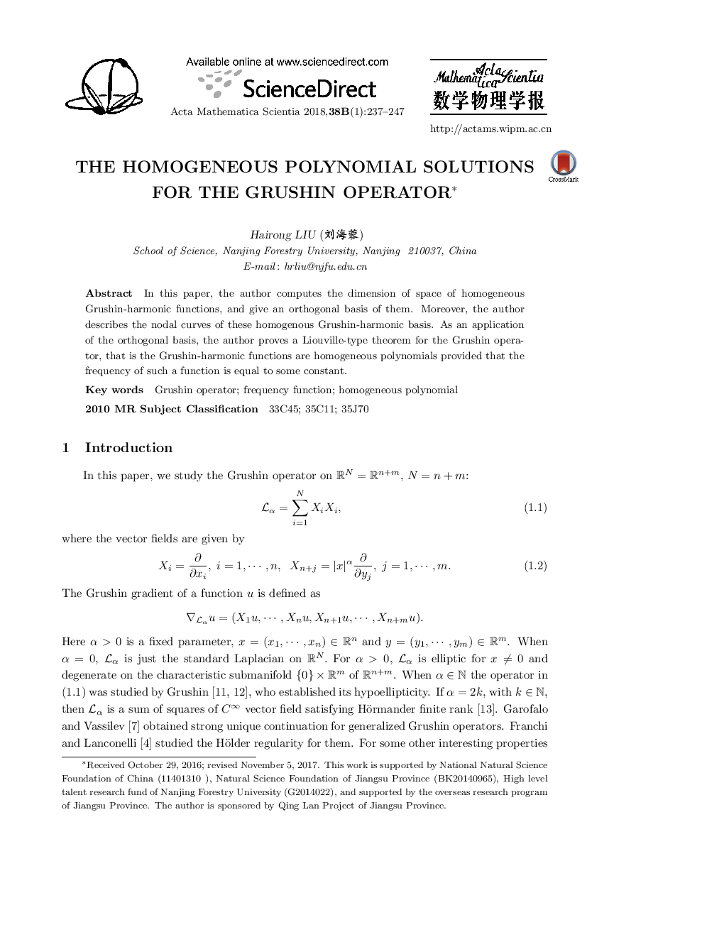 The homogeneous polynomial solutions for the Grushin operator