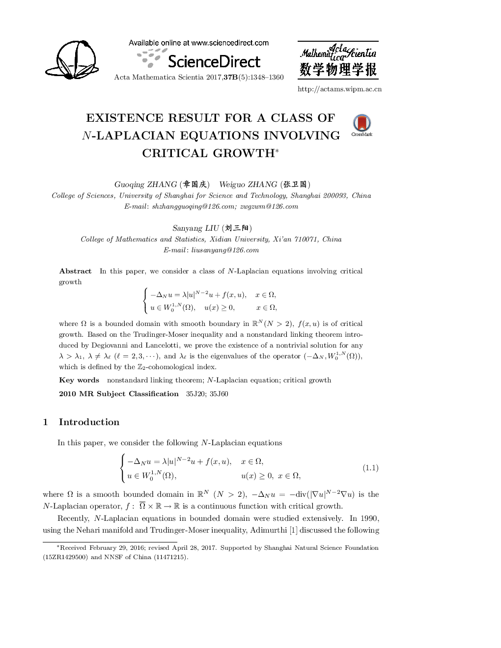 Existence result for a class of N-Laplacian equations involving critical growth