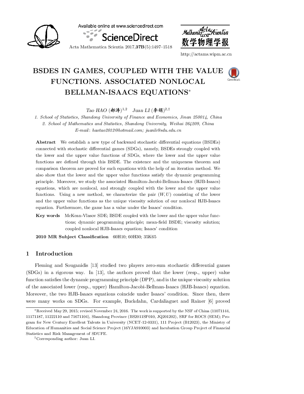 BSDES in games, coupled with the value functions. associated nonlocal Bellman-Isaacs equations