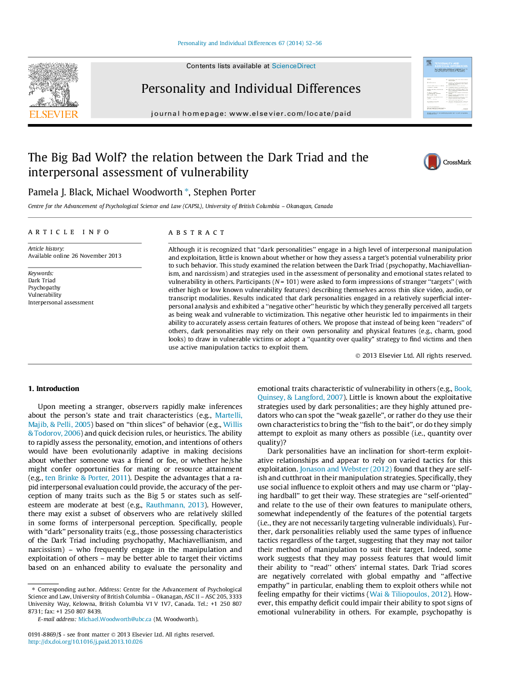 The Big Bad Wolf? the relation between the Dark Triad and the interpersonal assessment of vulnerability