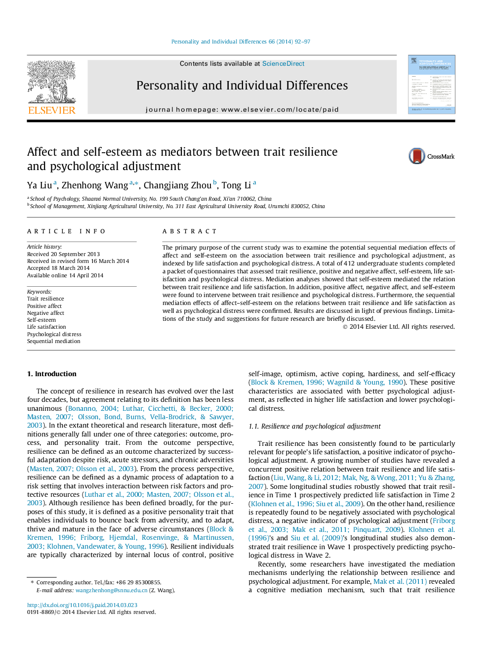 Affect and self-esteem as mediators between trait resilience and psychological adjustment