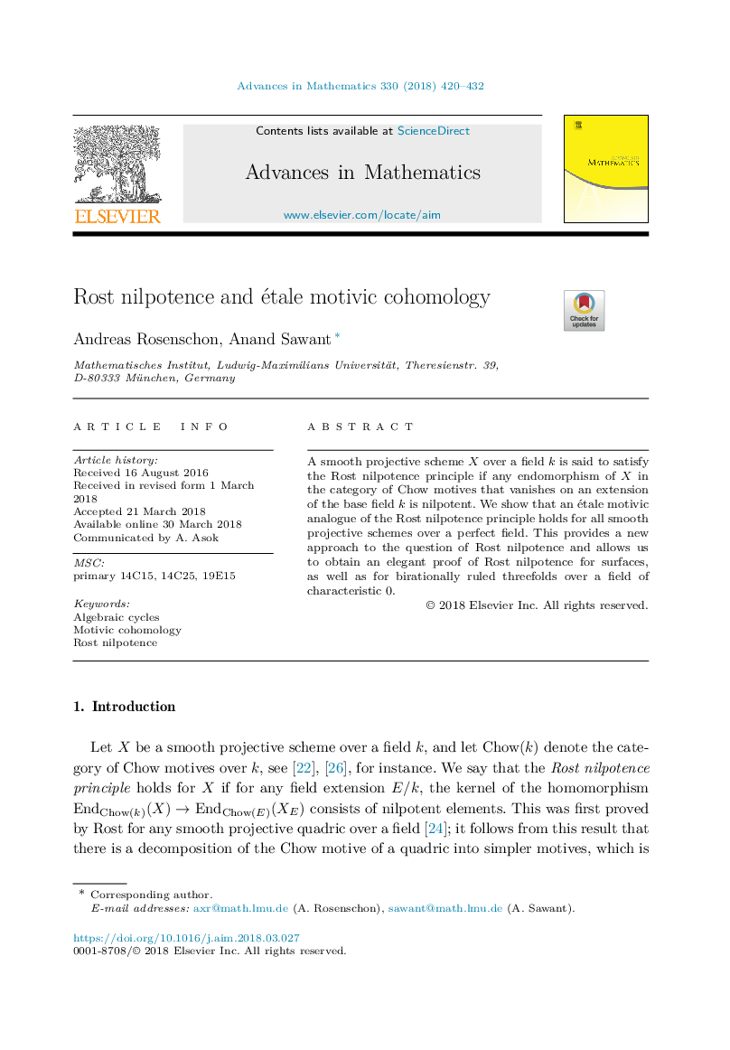عکس صفحه اول مقاله: Rost nilpotence and étale motivic cohomology Rost nilpotence and étale motivic cohomology