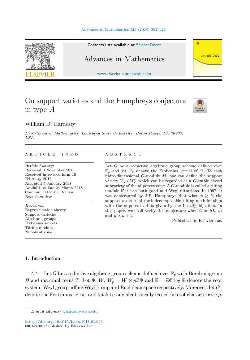 عکس صفحه اول مقاله: On support varieties and the Humphreys conjecture in type A On support varieties and the Humphreys conjecture in type A