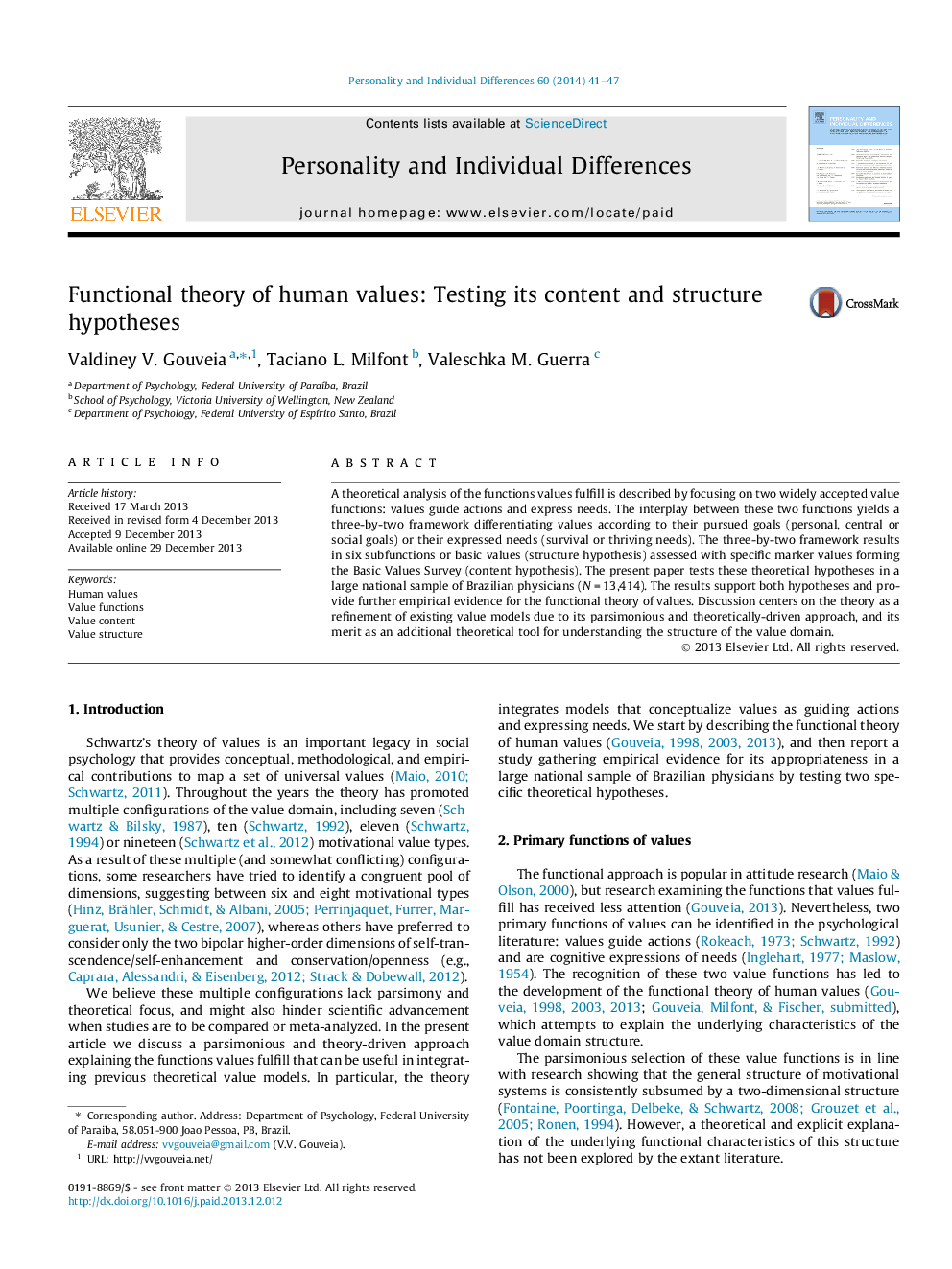 Functional theory of human values: Testing its content and structure hypotheses