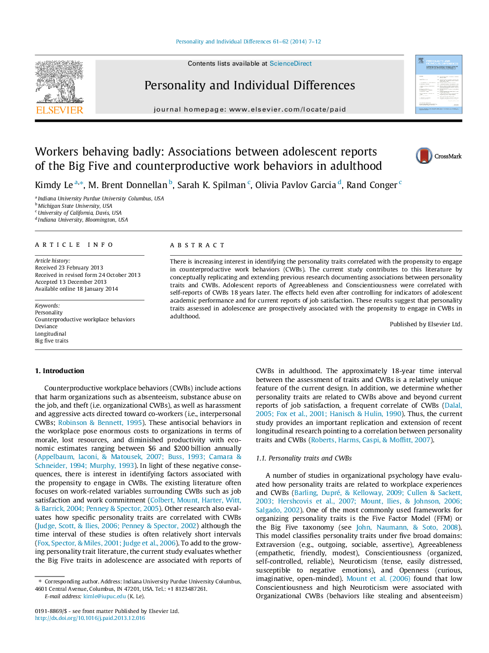 Workers behaving badly: Associations between adolescent reports of the Big Five and counterproductive work behaviors in adulthood