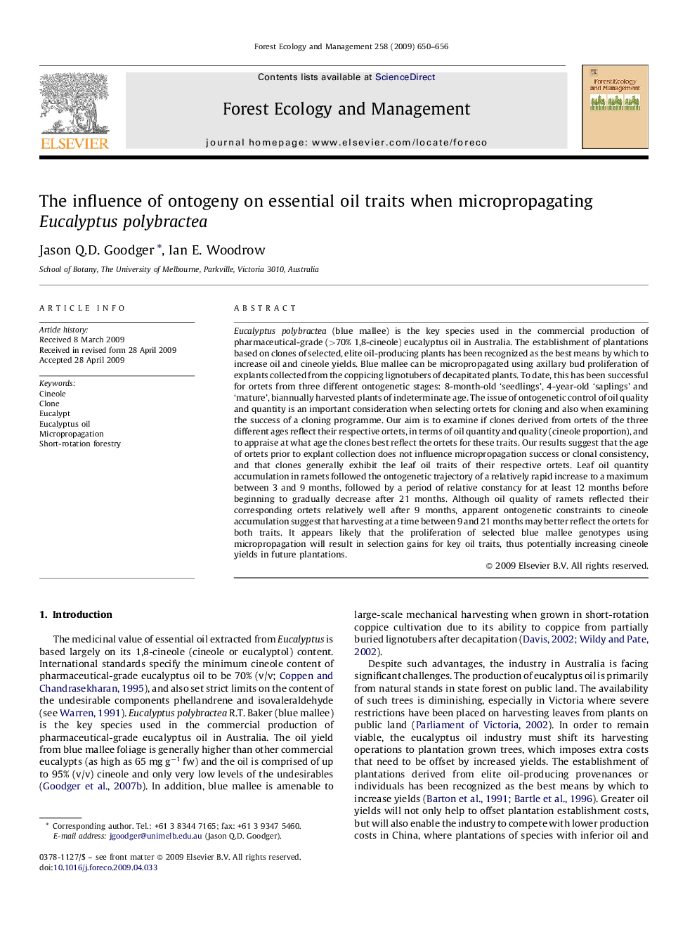 The influence of ontogeny on essential oil traits when micropropagating Eucalyptus polybractea