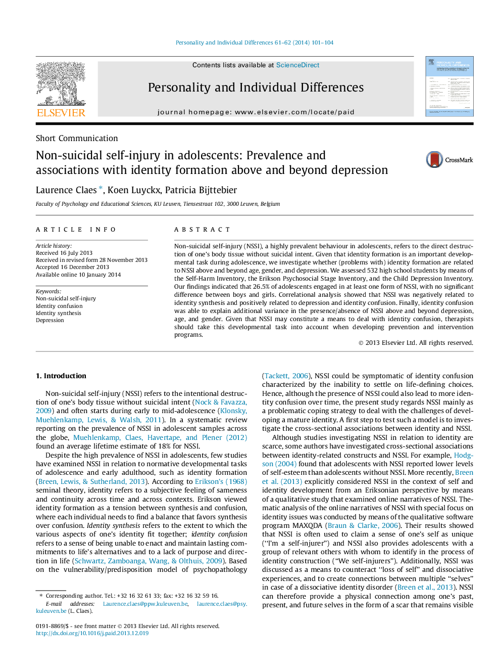 Non-suicidal self-injury in adolescents: Prevalence and associations with identity formation above and beyond depression