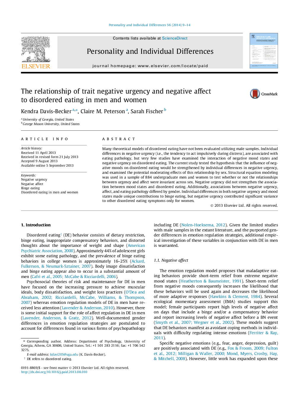 The relationship of trait negative urgency and negative affect to disordered eating in men and women