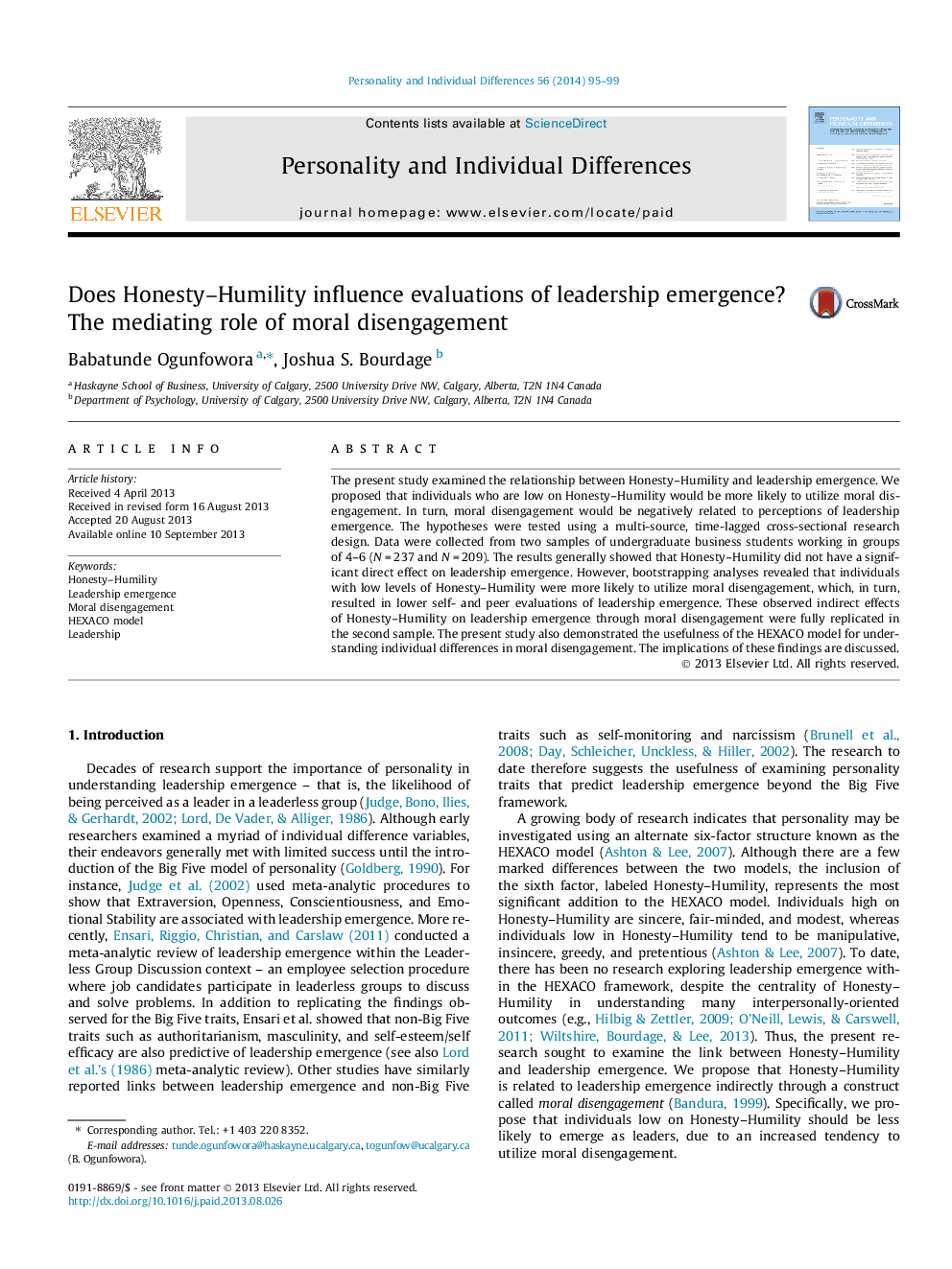 Does Honesty–Humility influence evaluations of leadership emergence? The mediating role of moral disengagement