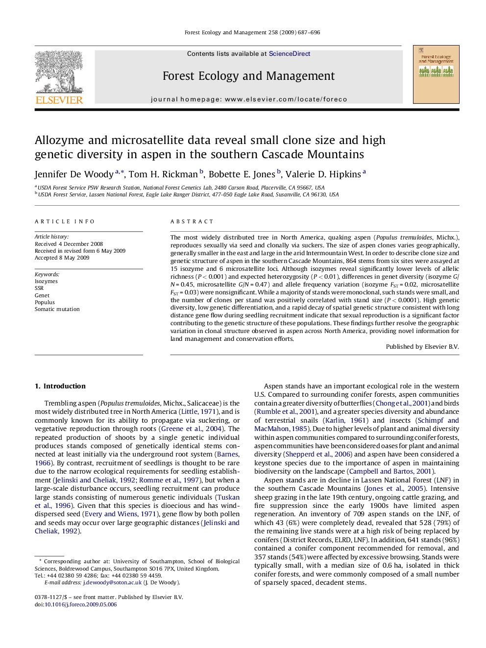 Allozyme and microsatellite data reveal small clone size and high genetic diversity in aspen in the southern Cascade Mountains