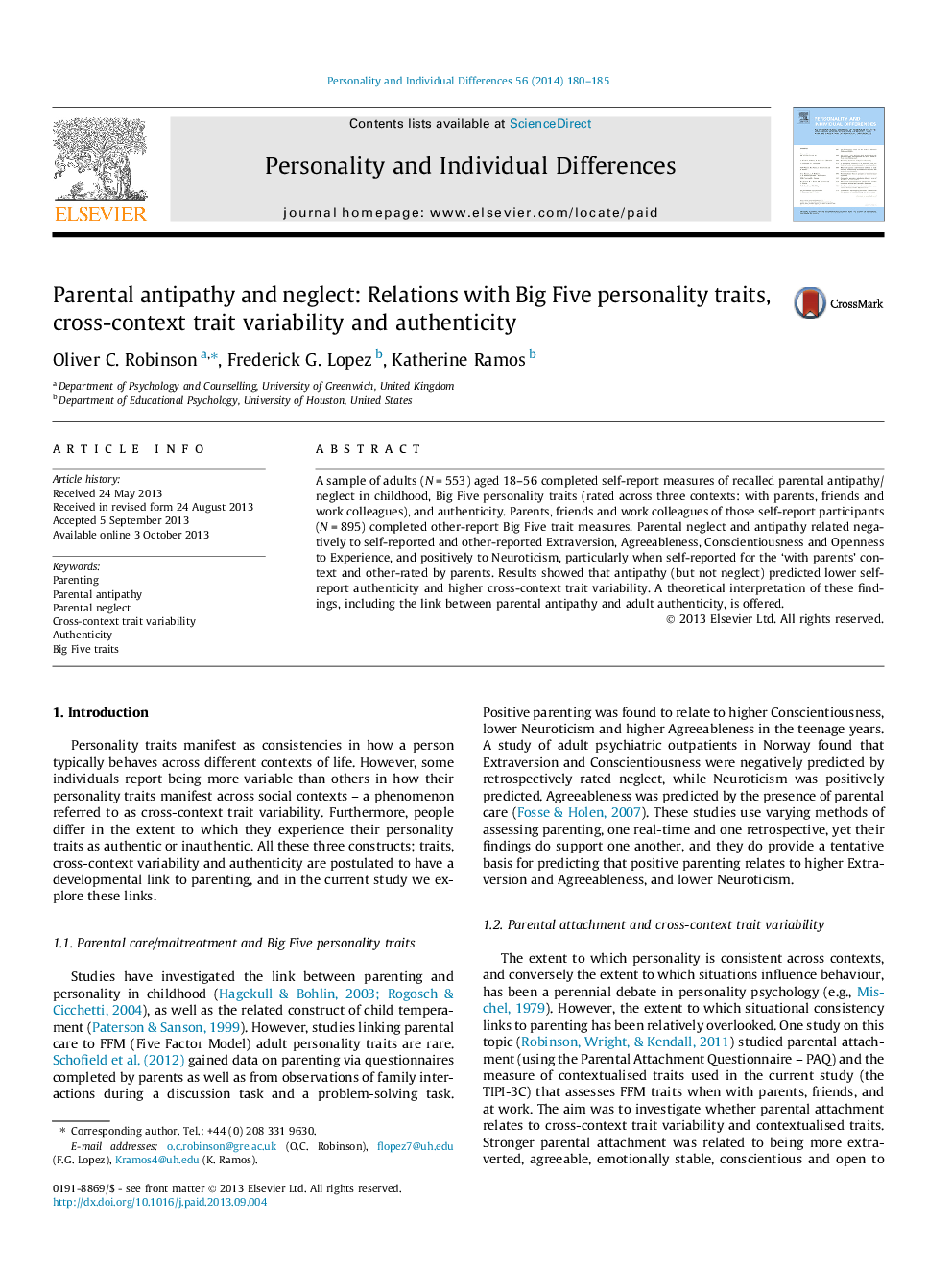 Parental antipathy and neglect: Relations with Big Five personality traits, cross-context trait variability and authenticity